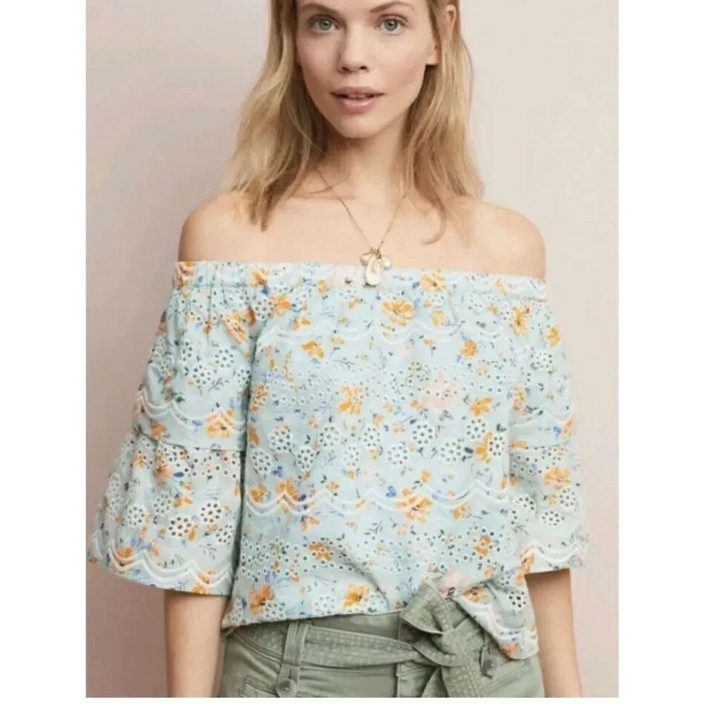 LAIA Anthropologie Ashtabula Embroidered Eyelet Ruffle Top